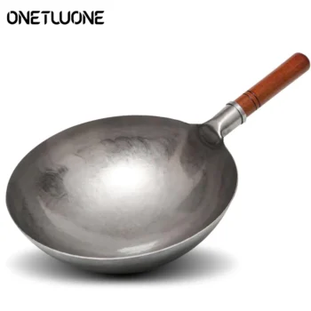 Hand Hammered Iron Wok with Wooden Handle for Authentic Stir-Fry Cooking
