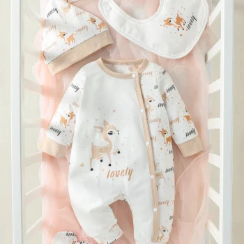 4-Piece Baby Girl Open-Stitch Long-Sleeve Jumpsuit Set—Cartoon Deer Warmth