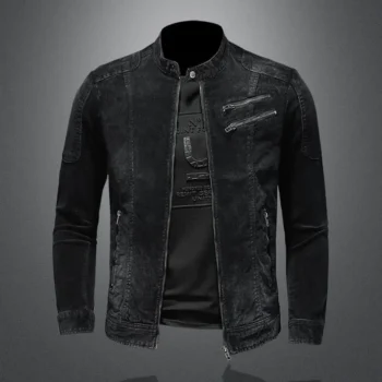 Denim Jacket Loose Fit Stand Collar Zipper Casual Streetwear Men