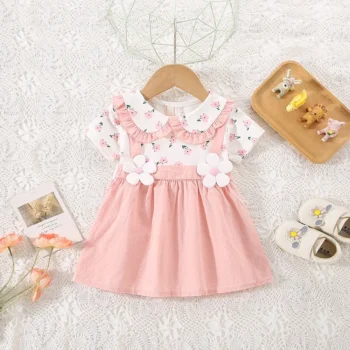 Baby Girl Summer Dress with Flower Two-Piece Look, Cute Comfort