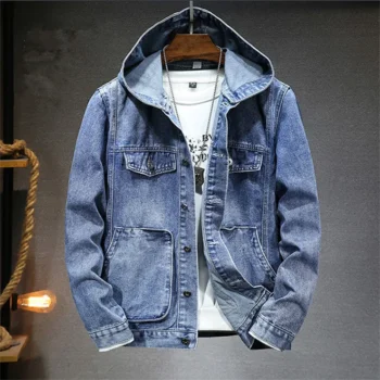 Denim Jacket Windproof Casual Streetwear Men's Large Hooded