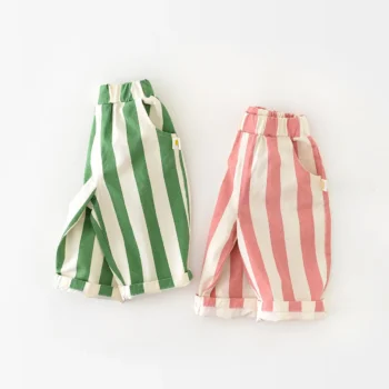 High-Waist Stripe Pants for Kids, Breathable School Trousers (Korean)