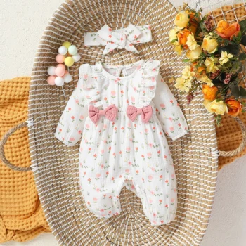 Baby Floral Bow Long-Sleeve Jumpsuit & Headband Set, 0–6M
