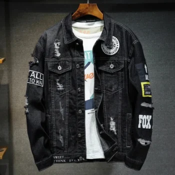 Denim Jacket Ripped Print Casual Streetwear Men
