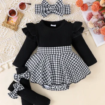 2-Piece Baby Girl Outfit Set: Comfy Cute Black Top & Houndstooth Skirt