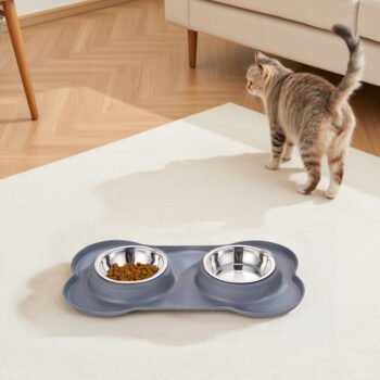Double Pet Bowls Non-Spill Mat Tray for Mess-Free Feeding 34.5x21x3.5cm
