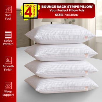 Hotel-Style 4-Pack Stripe Bed Pillows | Generously Filled for Plush Comfort | Soft Touch Fabric with Bounce Back Support | Ideal for Bedroom & Guest Rooms | Standard Size 74x48 cm | UK Local Stock | UK BRAND