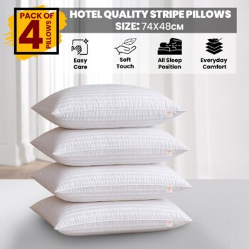 4 Pack Hotel Quality Stripe Pillows | Soft Touch Bed Pillows | Size 74x48 cm | Everyday Comfort for All Sleep Positions | Extra Filled for Plush Comfort | Durable Supportive Fill | Ideal for Home & Guest Rooms | Fast Shipping | LOCAL WAREHOUSE | Trusted UK BRAND