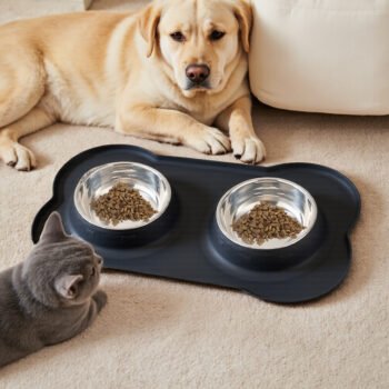 Pet Double Bowls Set with Silicone Mat Tray, Mess-Free Feeding, 2 Colors