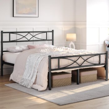 Costoffs Metal Platform Bed Frame, Metal Bed Foundation, Vintage Bed Frame, Black/White Metal Bed with Headboard, No Box Spring Required, Single/Double/King Size Metal Bed, Easy Assembly
