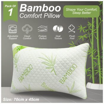 1-Pack Bamboo Memory Foam Pillow | Medium Firm | 50x70cm | Soft, Breathable & Durable | Head, Neck & Shoulder Relief | Removable Zip Cover | LOCAL WAREHOUSE | UK BRAND