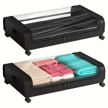 2 Sets, Underbed Storage Box, Underbed Storage Box with Wheels Lid, 96L Metal Frame, Bed Box, Organiser, Storage Bag, Foldable Underbed Box for Clothes, Shoes, Blankets, Bedding, Black, Under-Bed Storage