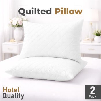 Quilted 2 pack Filled Pillows, Soft Medium Sport Pillows, Luxury Soft Hollow Fibre Filling, UK Standard Size, Quilted Design with Medium Firmness, White - 74 x 48 cm