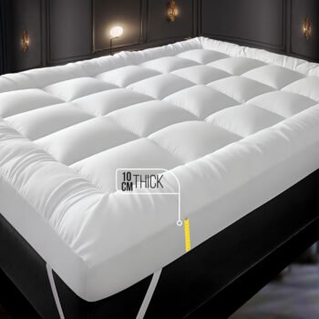 Hotel Quality 10cm Extra Thick Mattress Topper and Deep Fitted Elastic Corners – Luxury Mattress Topper for All Season and all size available Single, Double, Small Double, King and Super King. 4 Pack Pillow Protector Available for Matching Set