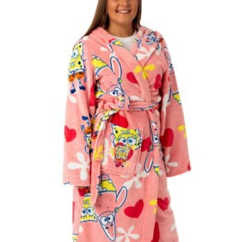 Ladies SpongeBob Bathrobe Hooded All-Over Print Cozy Loungewear Pink
