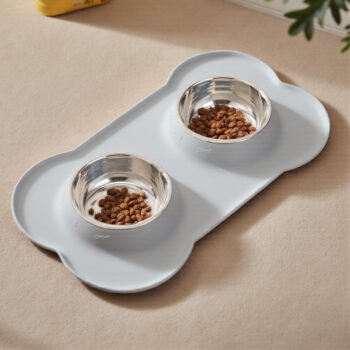 Double Feeding Bowl Set with Mat Tray, Non-Slip for Dogs & Cats, Gray