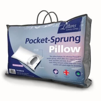 Littens Essentials 56 Pocket Sprung Pillow, Side Sleeper, Firm Support, Luxury, Orthopaedic, Hollowfibre 230TC Cotton, Piped Edge, UK Made 48cm x 74cm