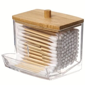 1pc Clear Acrylic Swab Holders With Wooden Lid, Dust-proof Storage Jars For Swab, Jewelry, Powder Puffs, Beauty Eggs, Household Storage Organizer For Dresser, Desktop, Bathroom, Home, Dorm