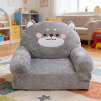 Cozy Kid Folding Sofa, Plush, Washable Lounge Chair for Playroom & Nursery, Gray Dog Style Foldable Wide Handle Soft Breathable Toddler Chair for Reading Relaxing Sleeping(2 Layers)