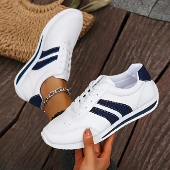 Casual Sneakers - Lightweight White Upper, Navy/Green Stripe EVA Comfort