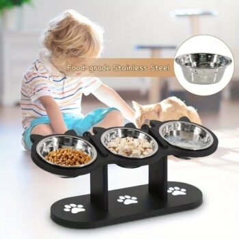 Wide Anti-Whisker Tilt Cat Feeder, Anti-Vomiting Non-Slip Three-Bowl