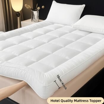 Extra Thick Mattress Topper Measuring 10Cm/4 Inches, Featuring Deep Soft Quilted Microfiber And Elastic Straps, Breathable Design Suitable for Single, Double, King, And Super King UK Bed Sizes, Available in White, Grey, And Blue