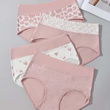 4-Pack Ladies' Briefs - Pink Heart Print Lace Edge Breathable Comfort