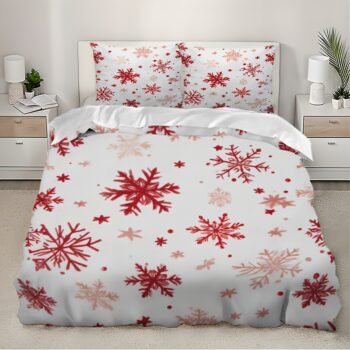 3pcs Winter Bedding Set - Red & Grey Snowflake Pattern, Machine Washable All-Season Duvet Cover & Pillowcases (1 +2) for Christmas, New Year's Decor - Bedding Basics Collection, Holiday Bedroom, Guest Room Essentials, Festive Design, Easycare Fabric, Durable Material, Seasonal Gift Buyers, Home Decorators, 2D Flat