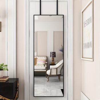 Over The Door Mirror Half Full Length Mirror Black Frame Bathroom Mirror Slim & Mountable Body Mirror for Door Dressing Mirror with Hanging Brackets Dorm Bedroom Entryway Resistant Glass 78x28cm 30.71x11.02in