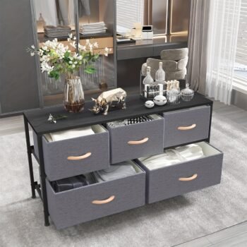 5-Drawer Dark Gray Space-Saving Storage Cabinet with Wood Panels & Metal Frame for Bedroom & Living Room Organization
