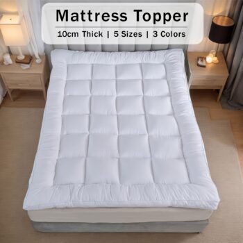 10cm Hotel Quality Mattress Topper | Super Soft with 1000GSM Hollowfiber Filling | Elasticized Corner Straps | White Blue Grey | Single, Small Double (4ft), Double, King, Super King Size