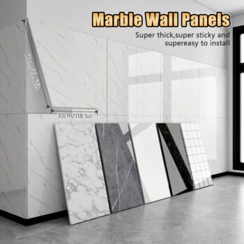 20-Pack Self-Adhesive Marble Wall Panels Set -Oversized White &Grey/Black Marble Sheets, Peel & Stick Removable Vinyl Planks, Bathroom, Kitchen, Living Room-Glossy Finish, Easy Install/Remove, Reusablelmitation Stone